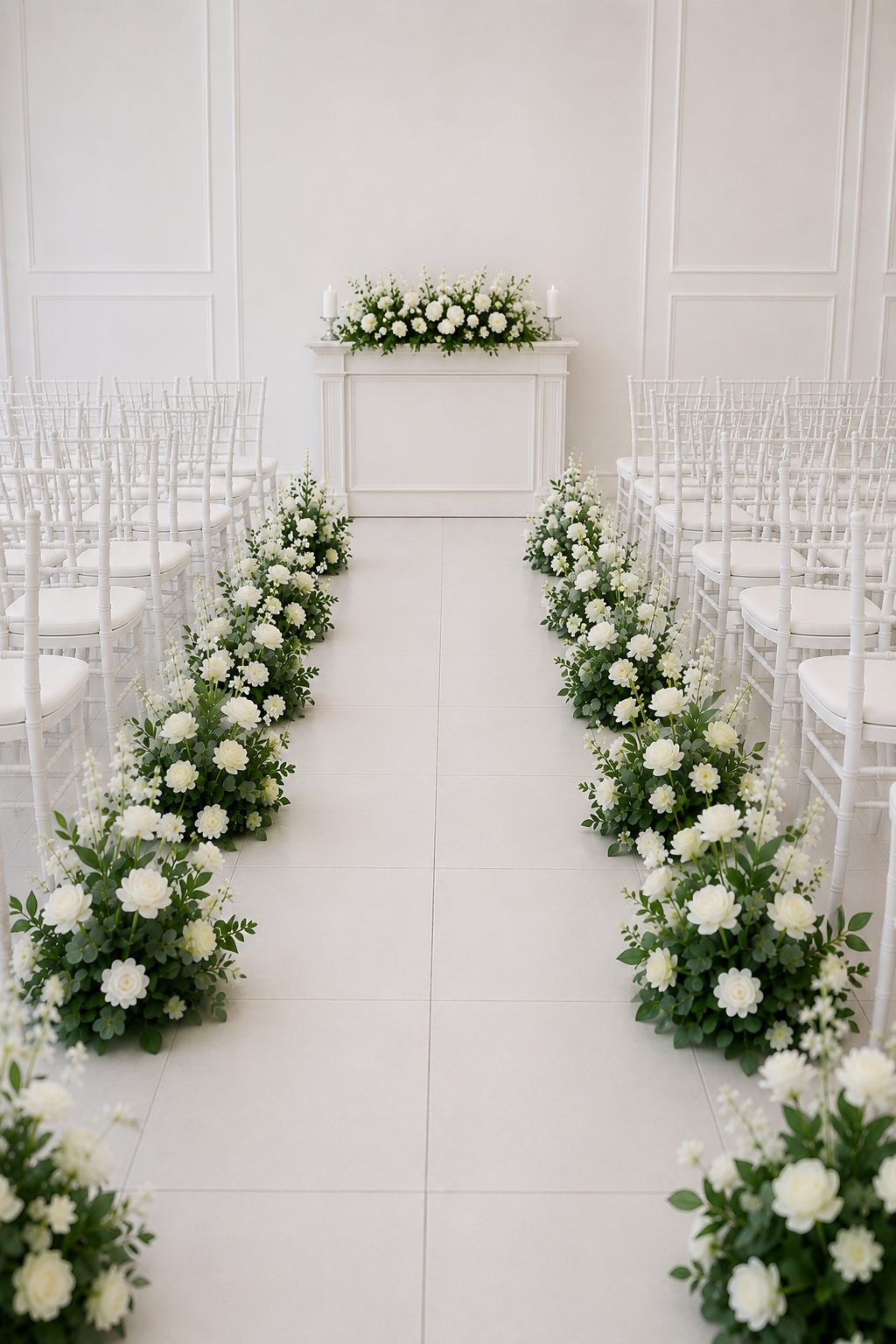 White and green floral aisle meadows lining a ceremony aisle