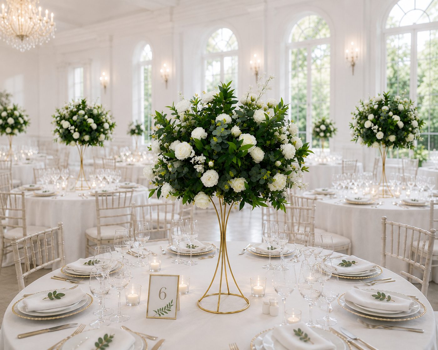Tall white and green floral arrangement on a gold stand