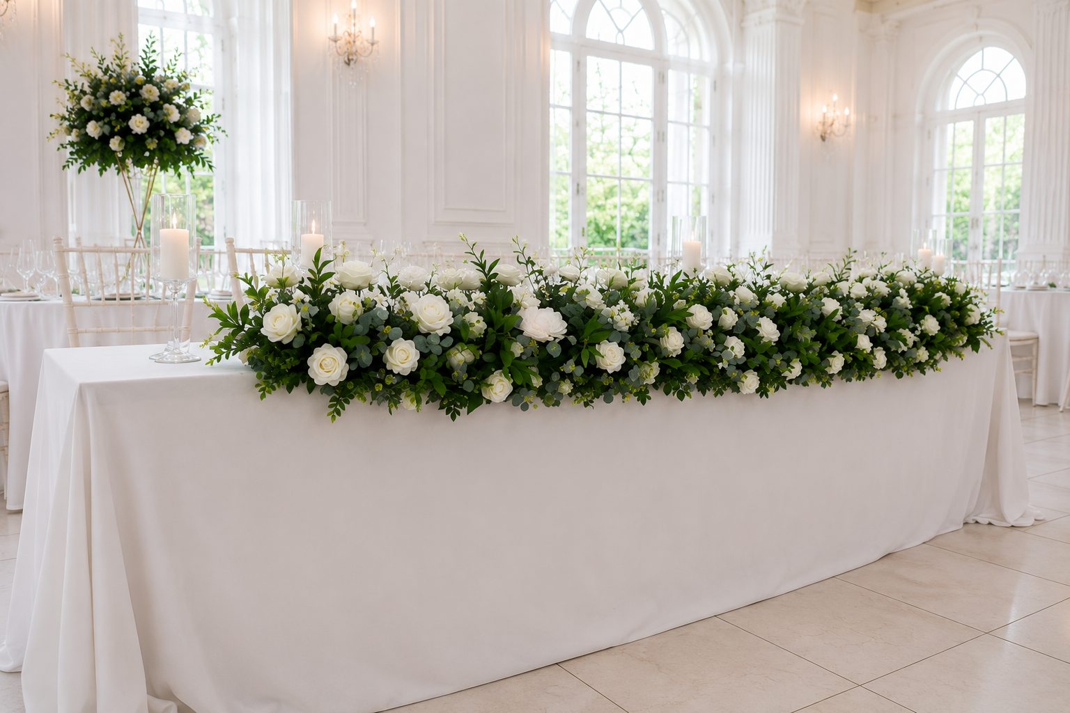 Lush white rose and greenery runner dressing a wedding top table